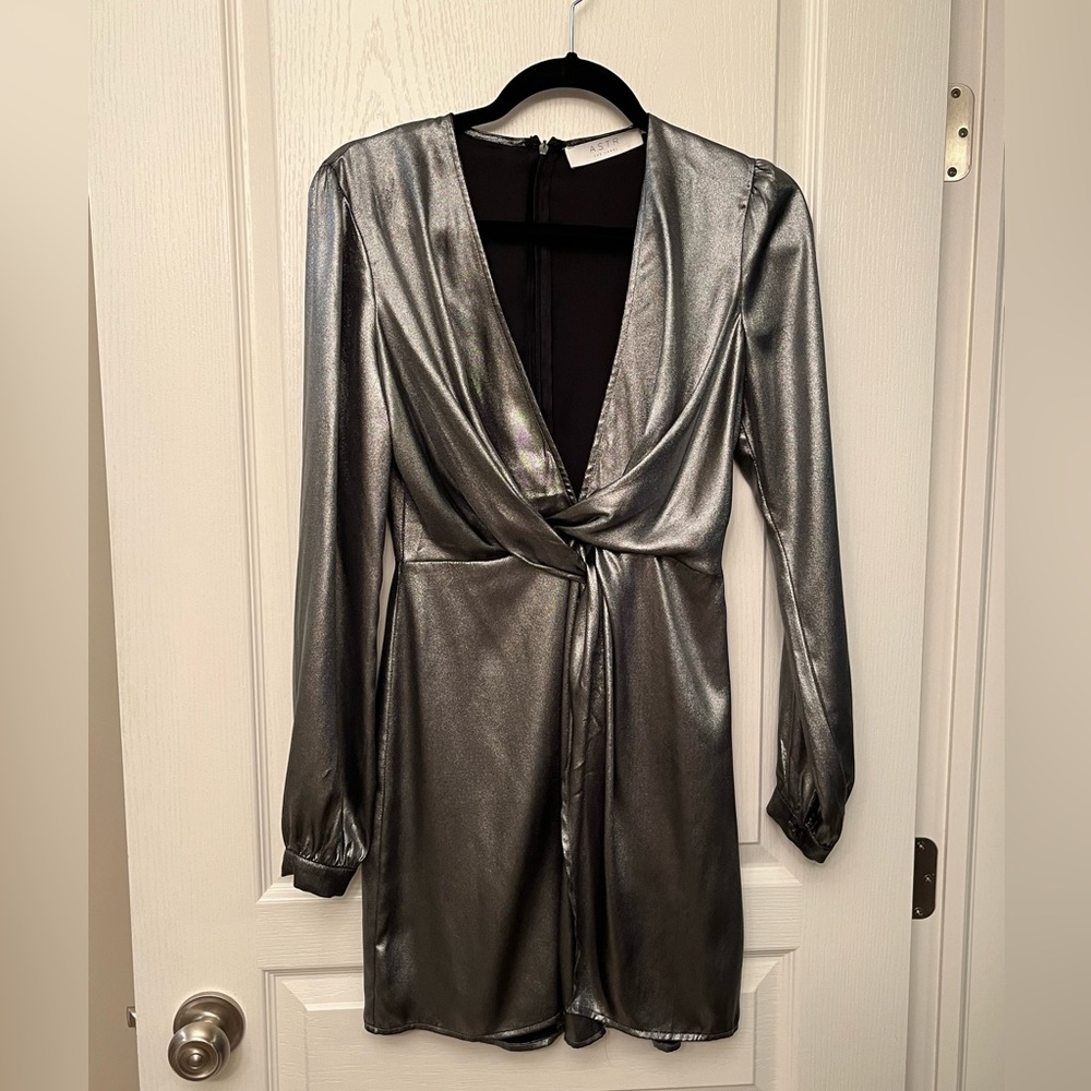 Silver ASTR mini dress with deep V - NWOT